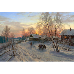 Obraz-Zimní večer na vesnici